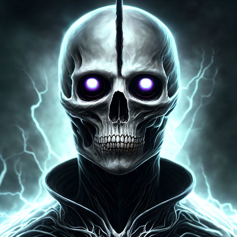 Digital artwork: Skull with split, glowing blue eyes on dark background with blue lightning