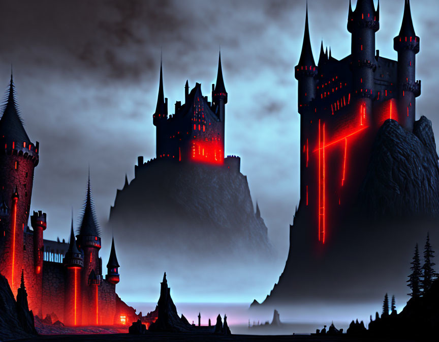 Fantasy landscape with towering castles and red glowing windows in misty ambiance