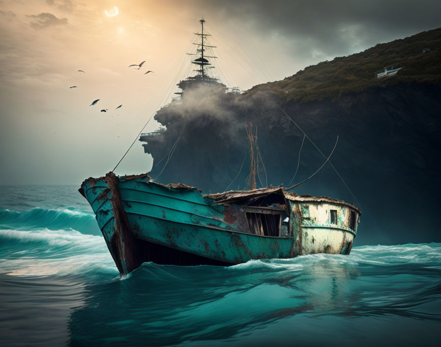 Turquoise boat on rough seas with ghostly ship and birds at sunset