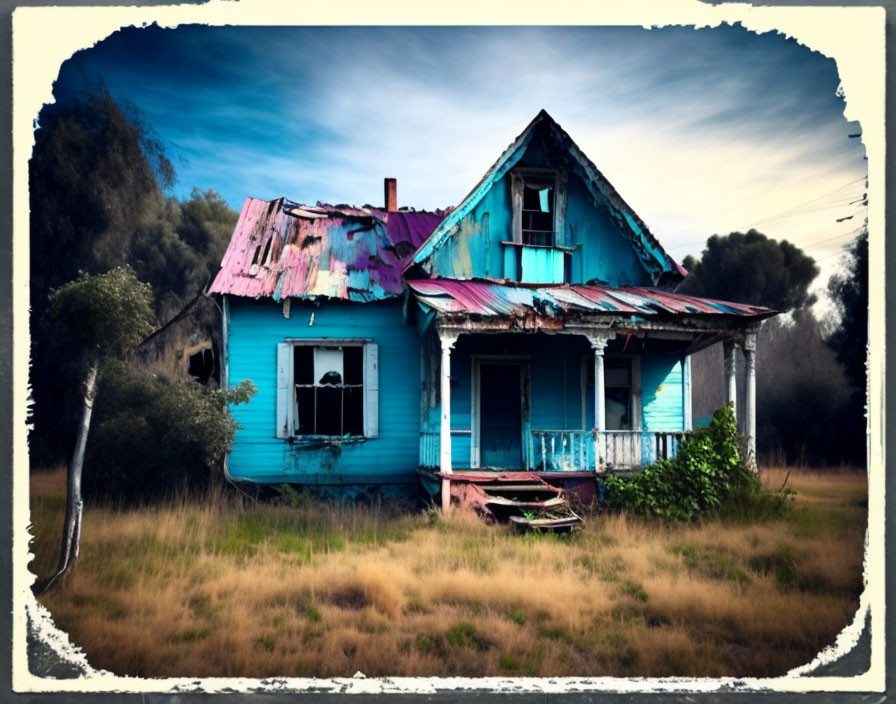 Abandoned blue house with damaged roof and broken windows in overgrown grass
