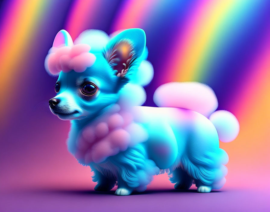 Colorful Digital Illustration of Blue Fluffy Dog on Striped Background