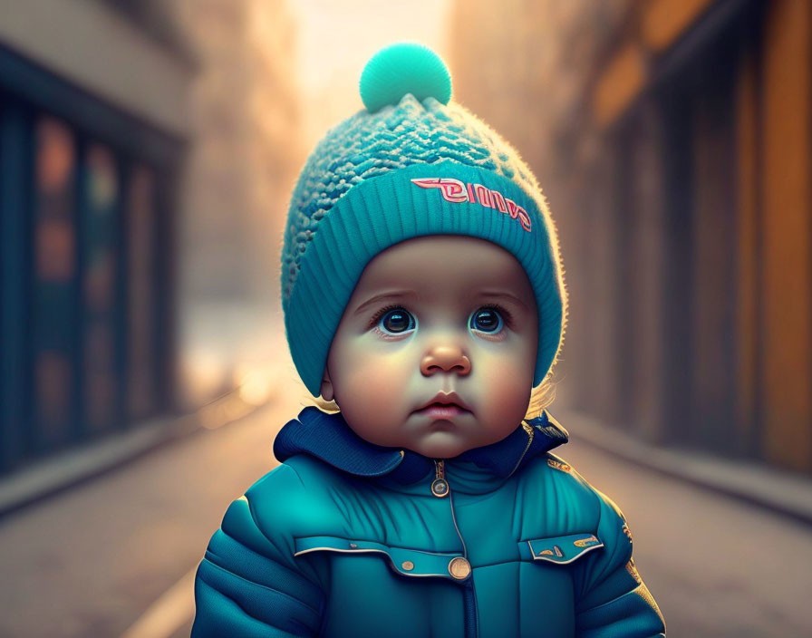 Thoughtful toddler in blue winter attire on softly lit street