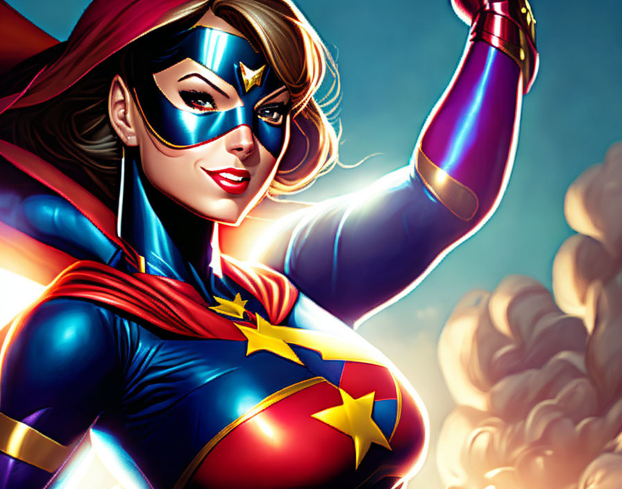 Female superhero illustration in blue and red suit with golden accents