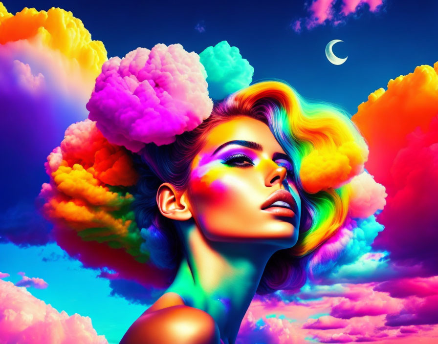 Vibrant woman in surreal sky with crescent moon