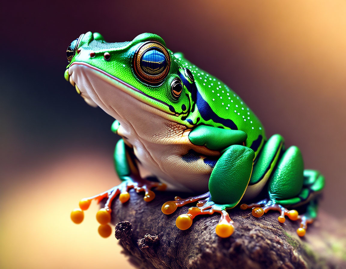 Colorful Green Frog with Orange Feet Resting on Branch