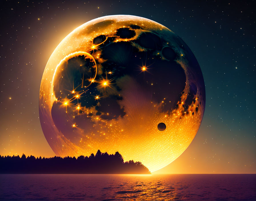 Fantasy planet with craters in starry sky above forest silhouette at sunset