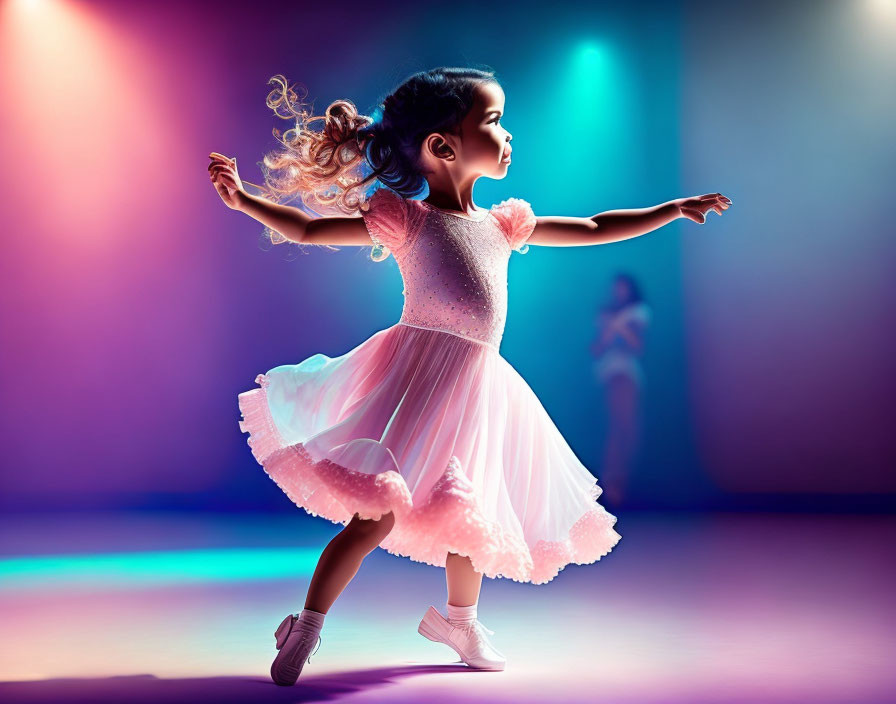 Young girl in pink tutu dancing joyfully under colorful stage lights