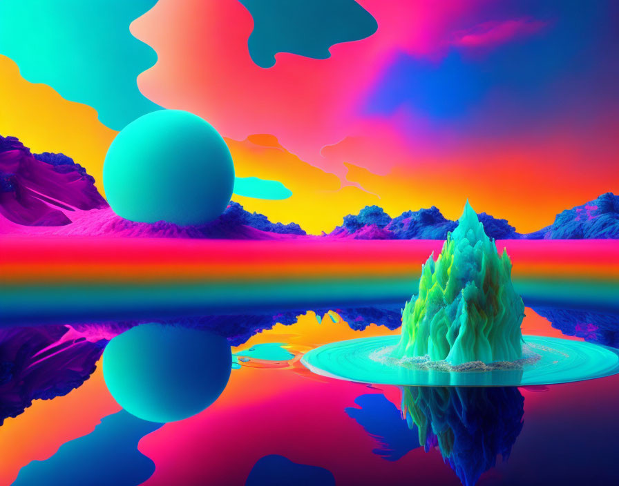 Surreal landscape digital artwork with neon hues and reflective water surface