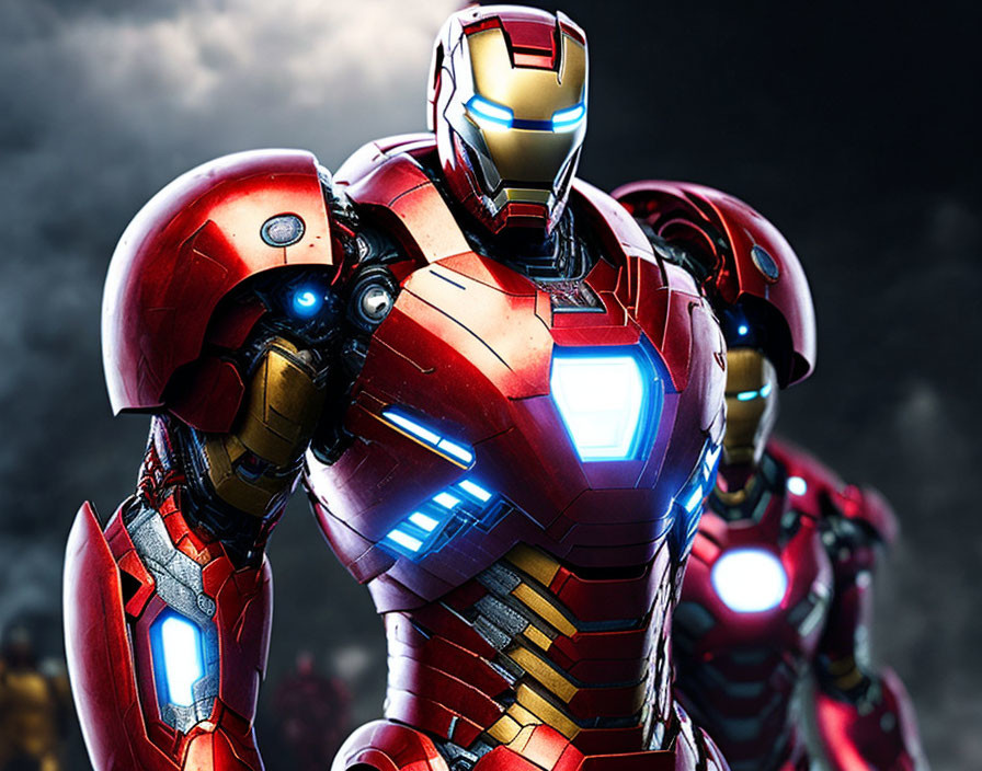 Detailed high-resolution image of two Iron Man suits upper torso with glowing blue arc reactors