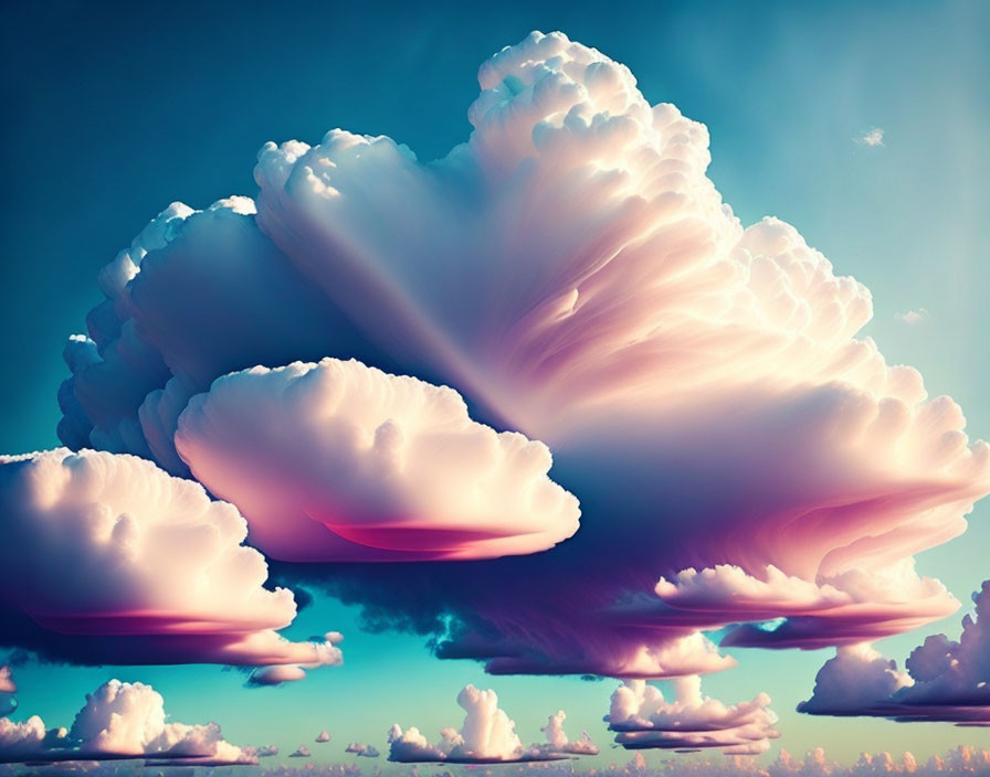 Pink-hued cumulus clouds in vivid blue sky