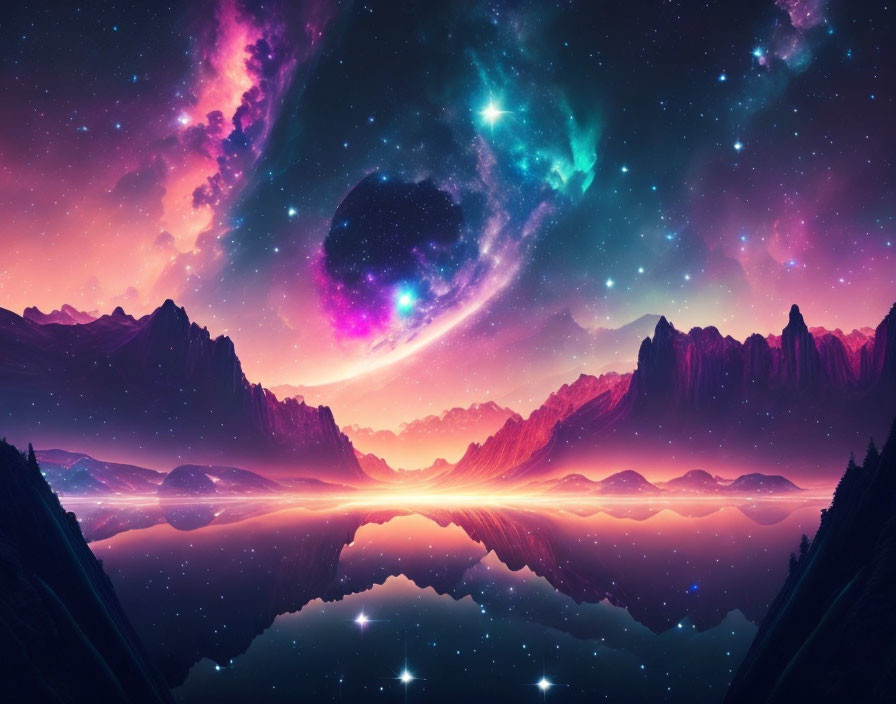 Cosmic landscape with nebula, stars, planets, mountains, lake, twilight sky