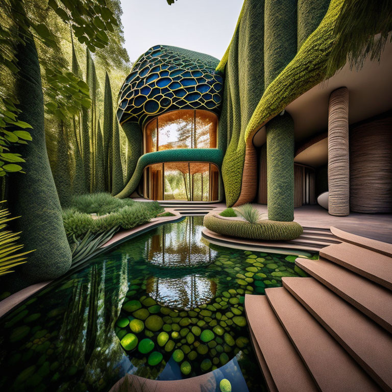 Organic-shaped building with hexagonal windows, lush green gardens, and tranquil pond.