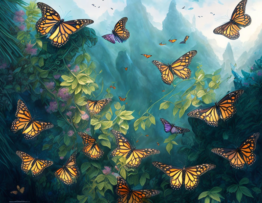 Colorful Monarch Butterflies in Lush Green Foliage with Misty Mountains