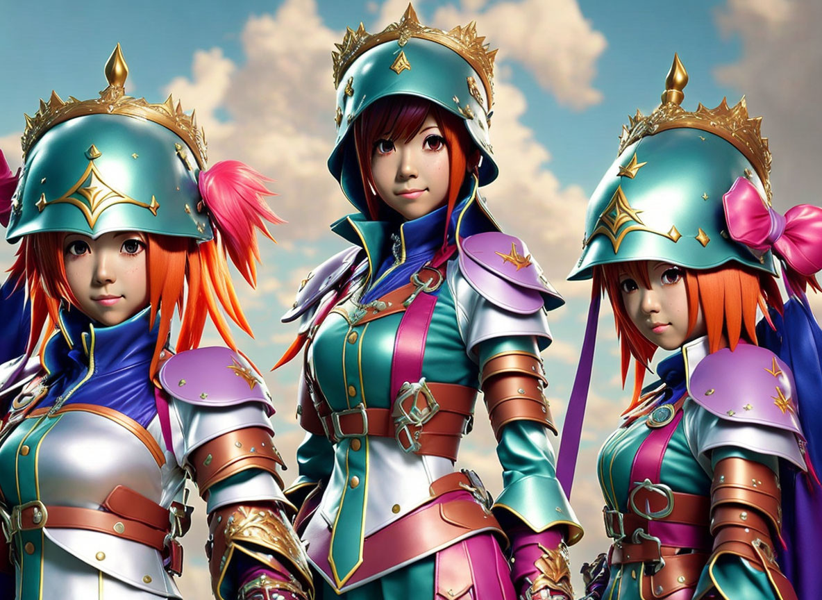 Three animated female characters in ornate turquoise and gold armor with emblematic designs and vibrant pink hair.