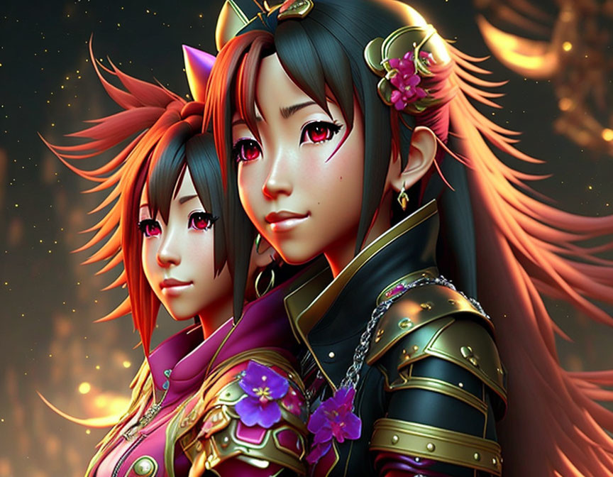 Two female characters with red hair in armor against fiery backdrop