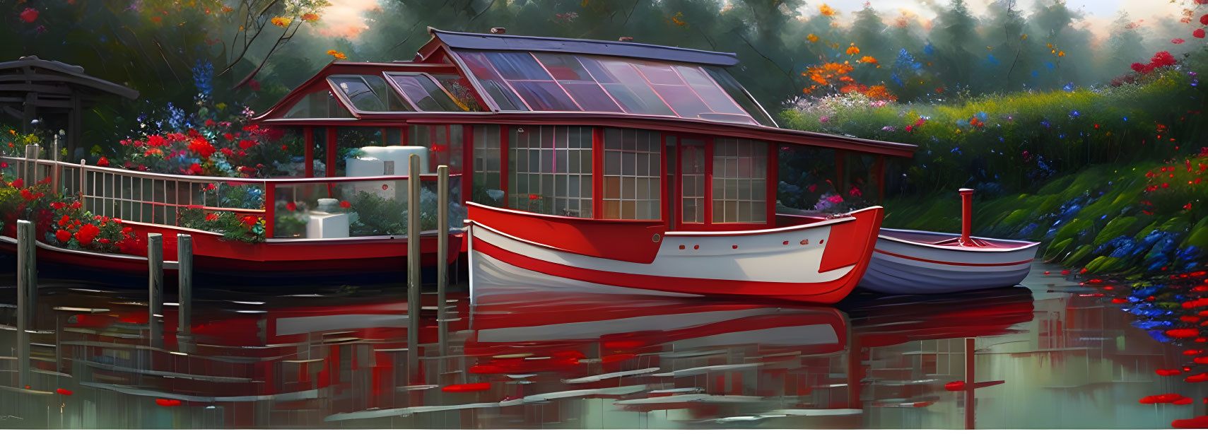 Tranquil riverside scene with houseboat and lush flora