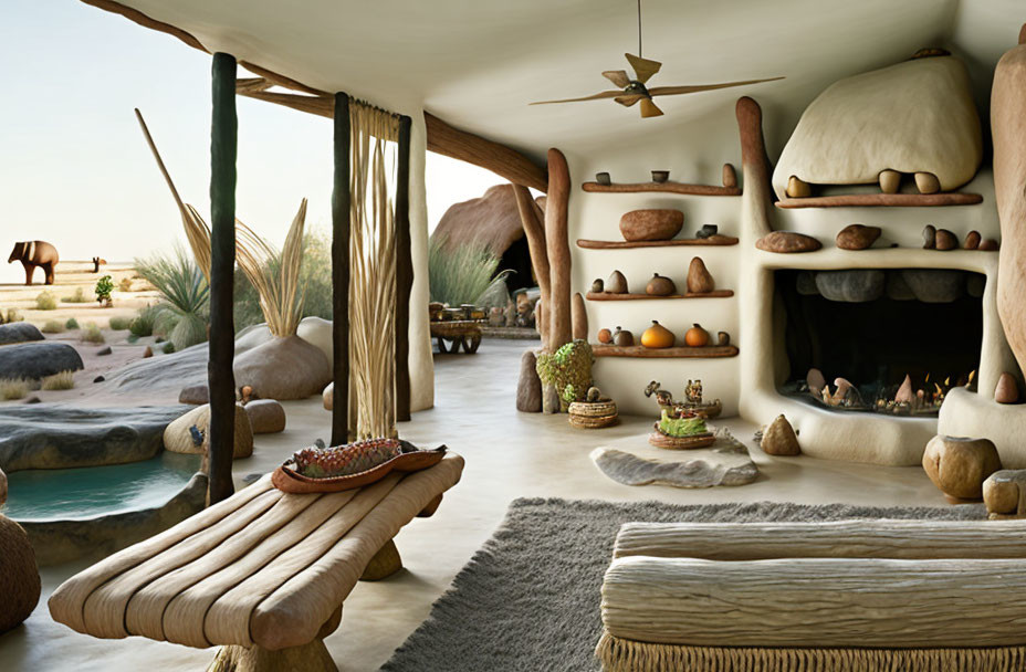 Earth-toned living area with desert view, sculptural fireplace & pottery decor