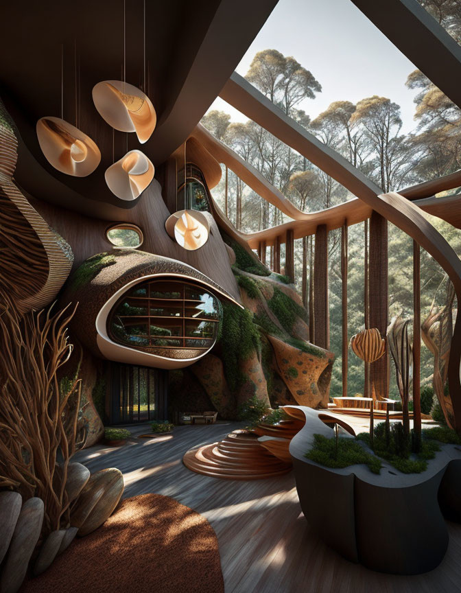 Organic Interior with Wooden Lines, Circular Windows, and Plant Integration