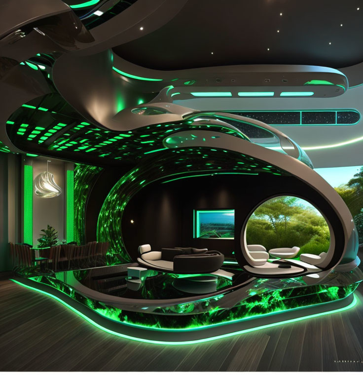 Modern interior design with curved lines, green LED lights, circular seating, and panoramic outdoor view.