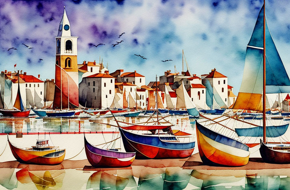 Colorful Watercolor Painting of Coastal Town with Boats, Buildings, and Seagulls