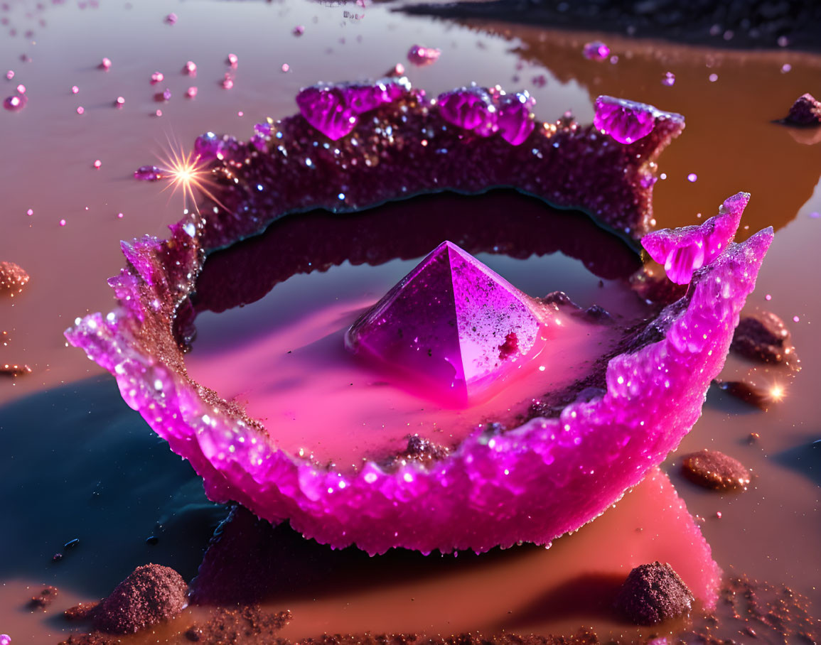 Colorful 3D rendering of pink crystal pyramid in liquid splash with sparkling droplets