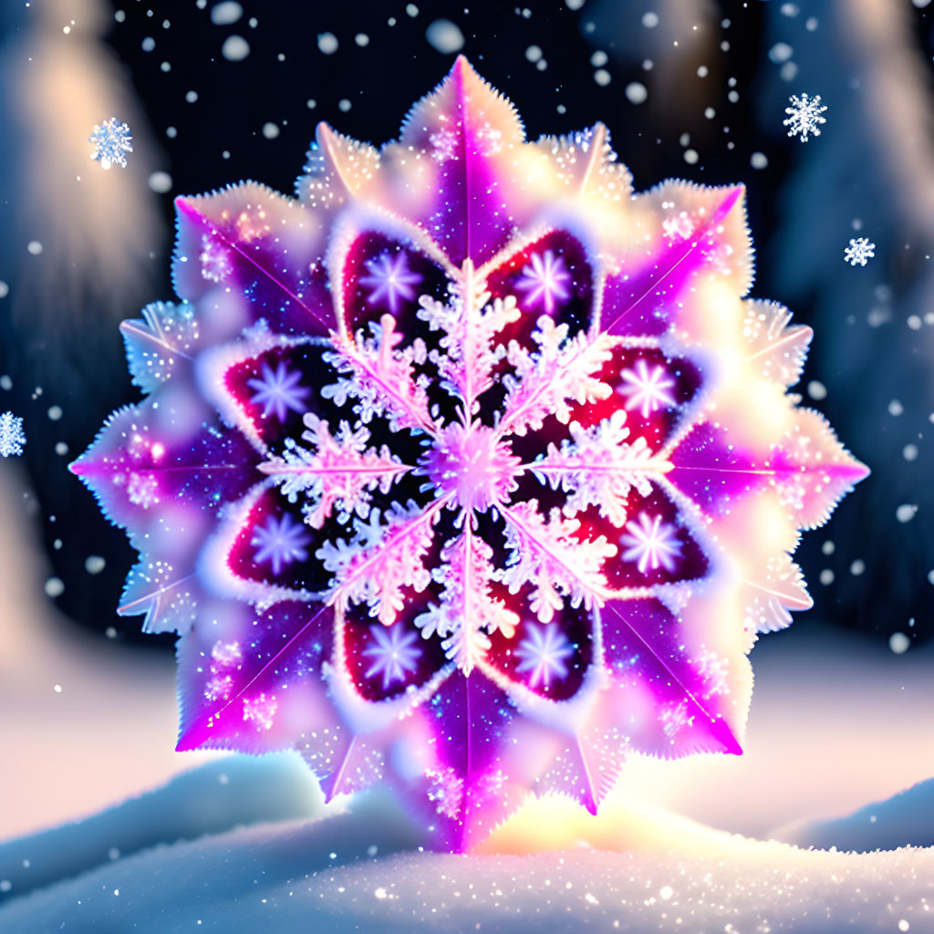 Intricate Purple and Pink Snowflake on Snowy Background