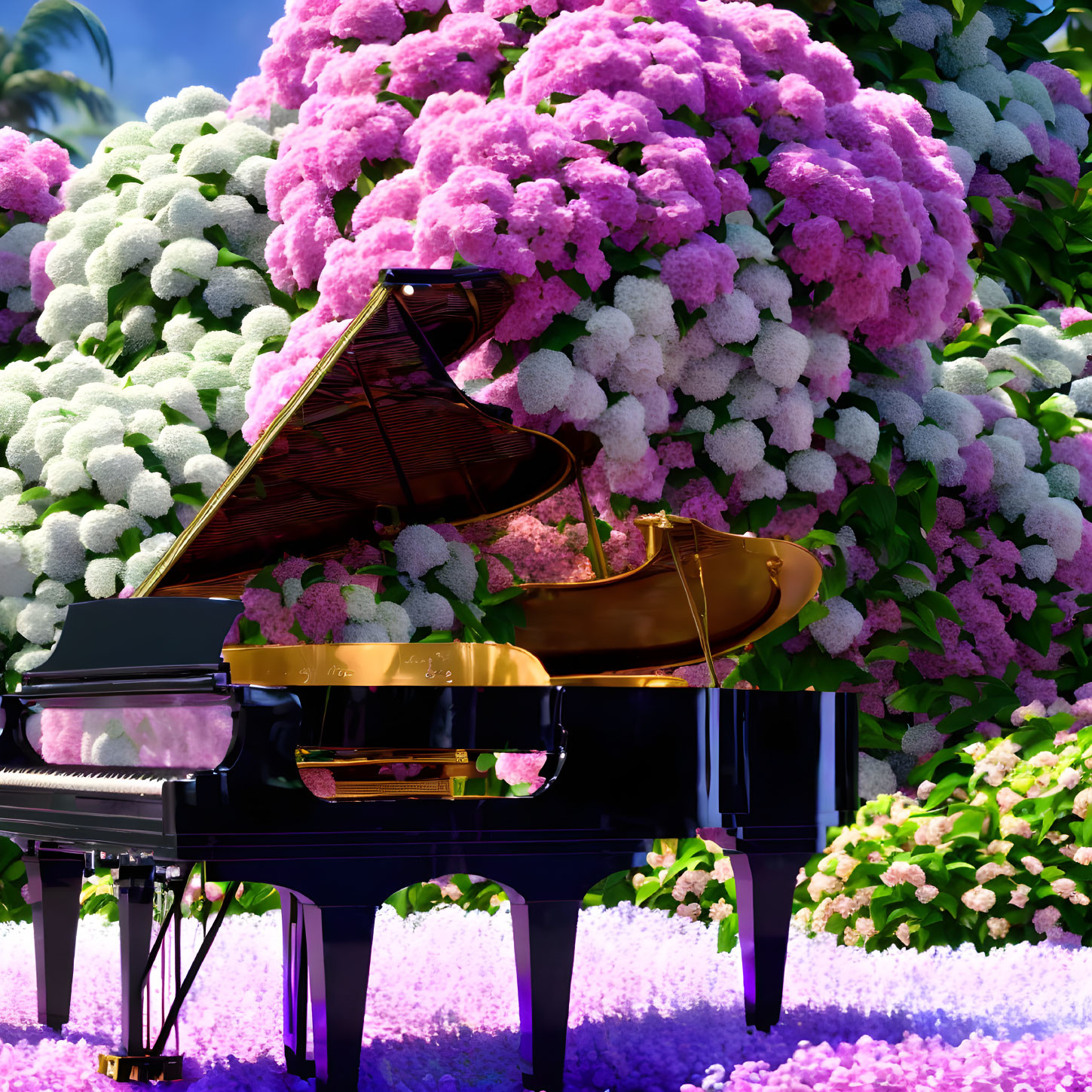 Grand Piano with Pink and White Hydrangea Blooms on a Sunny Day