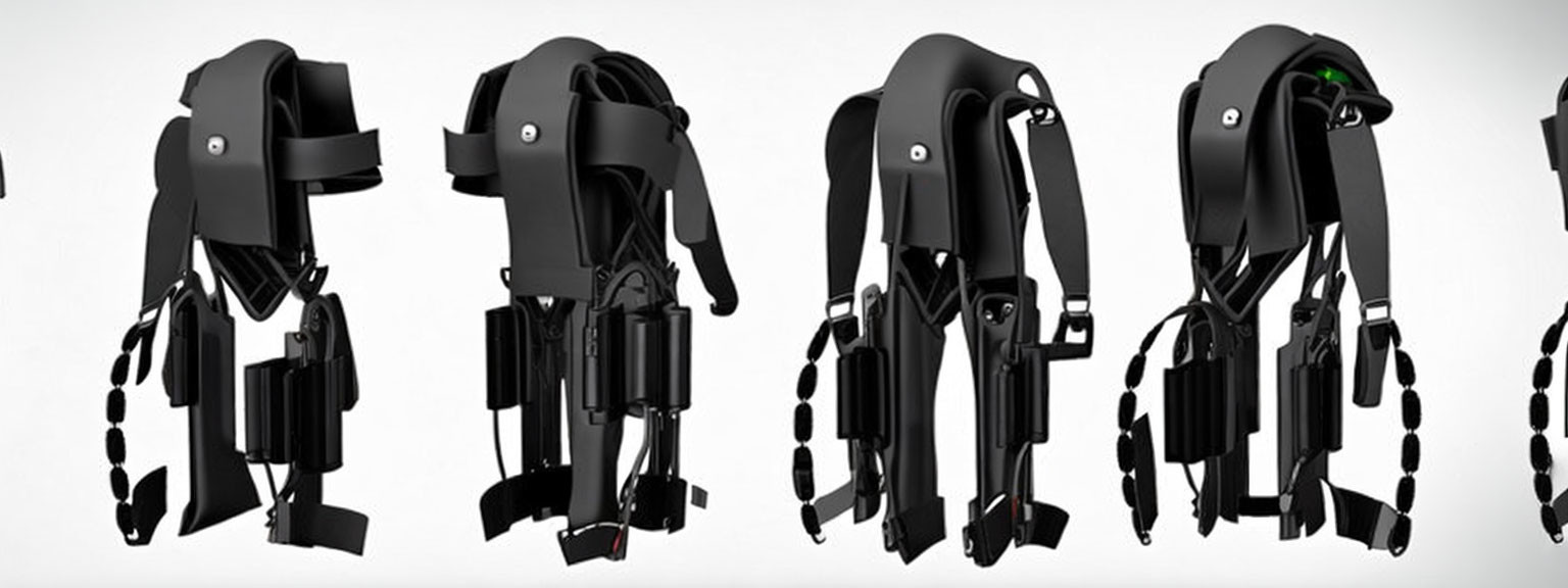 Black Exoskeleton Suit for Human Augmentation on White Background