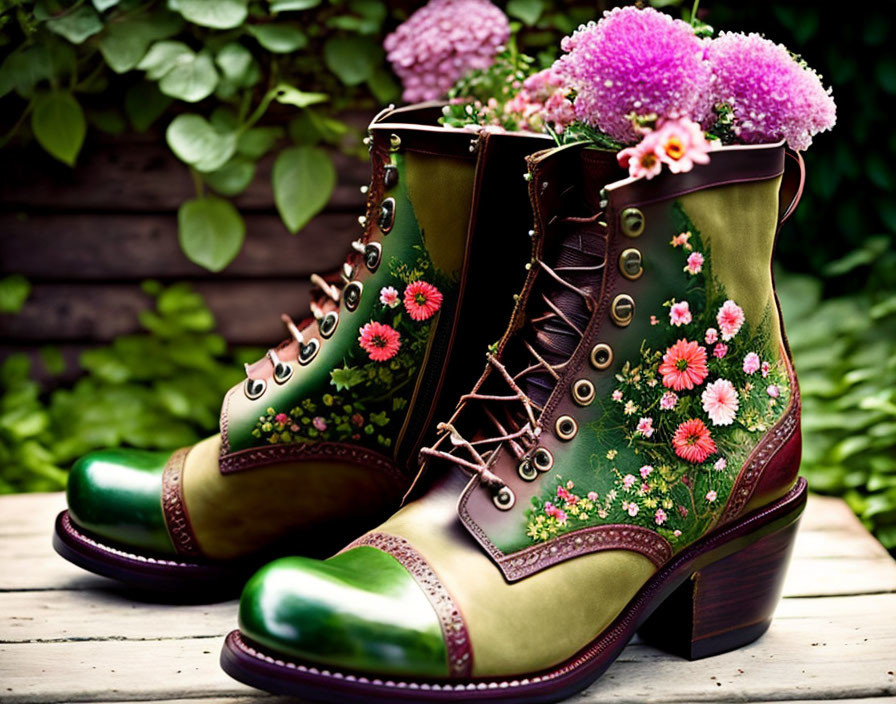 Green Floral Ankle Boots with Pink Flowers on Leafy Garden Background