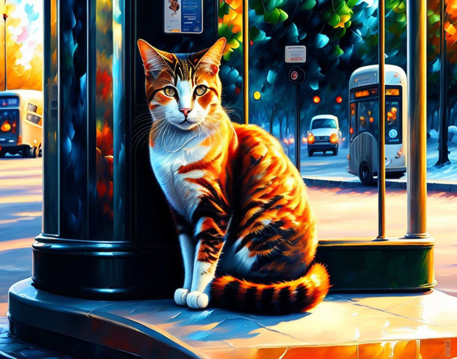 Vibrant city street illustration with cat and lamp post