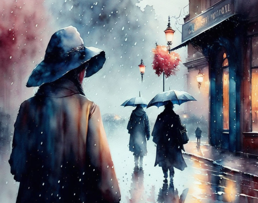 Rainy Evening Watercolor Painting with People and Umbrellas