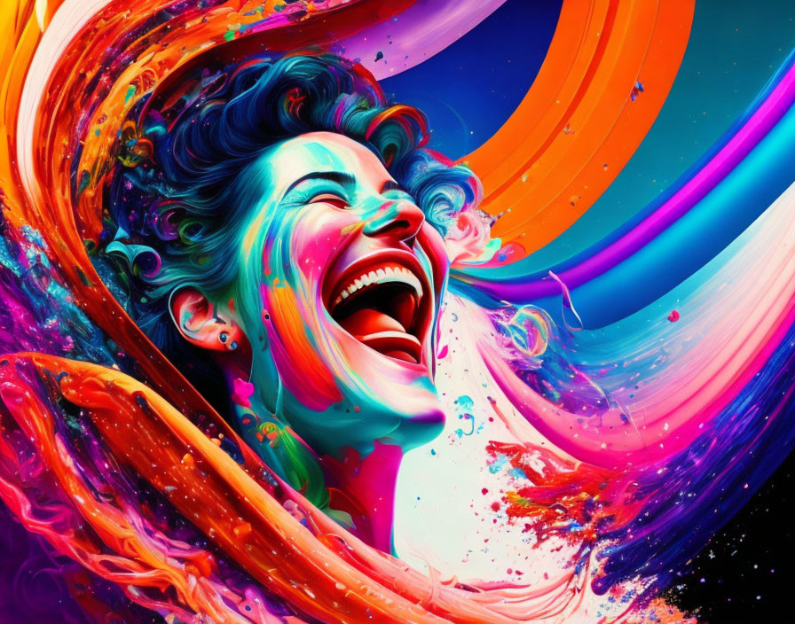 Colorful digital art featuring laughing person in vibrant swirls