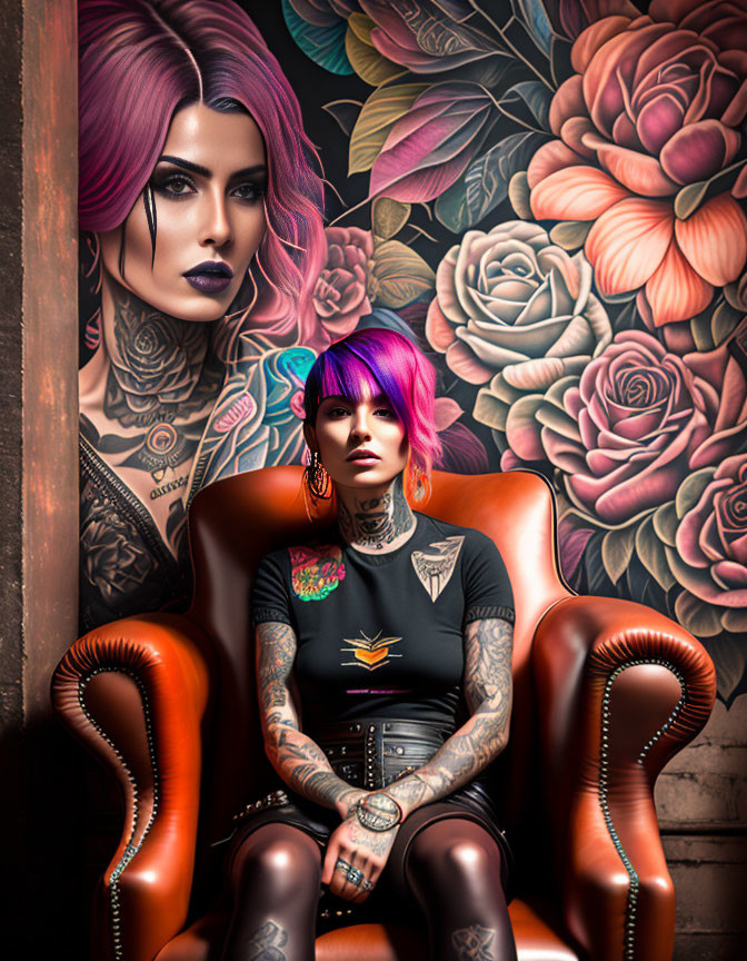 Purple-haired woman with full-body tattoos in brown leather chair against floral backdrop