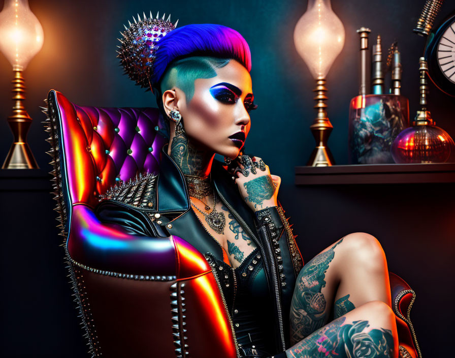 Blue-purple haired woman in punk style with tattoos in vintage setting