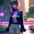 Digital image: Woman with purple hair in futuristic attire in neon-lit urban setting