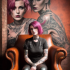 Purple-haired woman with full-body tattoos in brown leather chair against floral backdrop