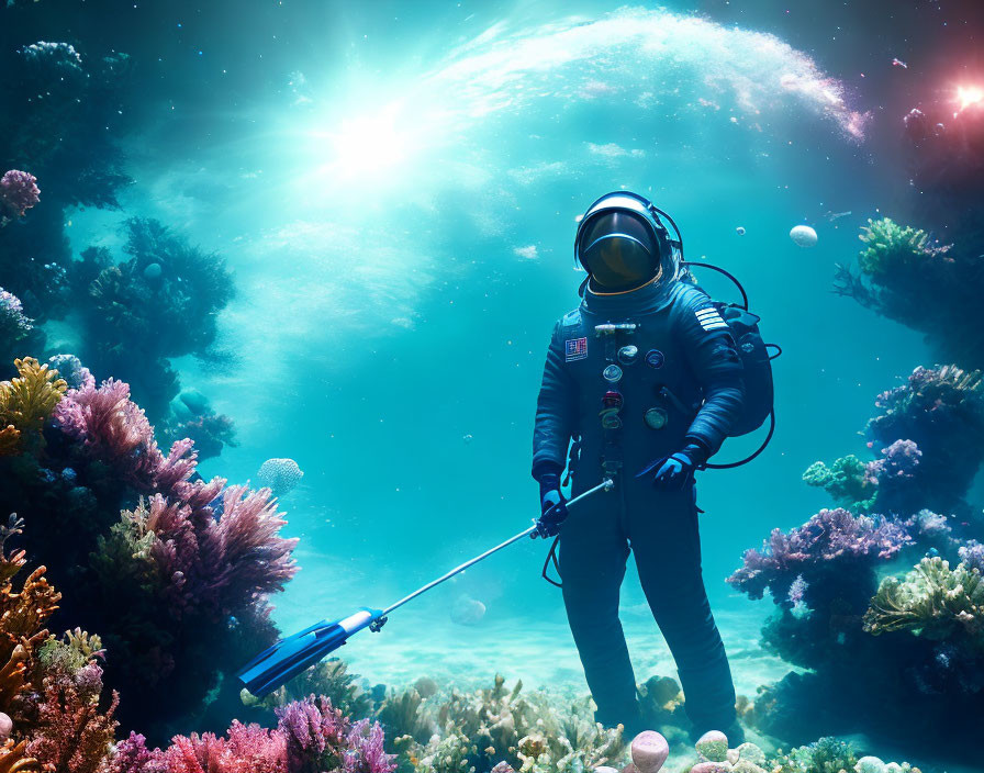 Astronaut with underwater breathing apparatus explores vibrant coral reefs