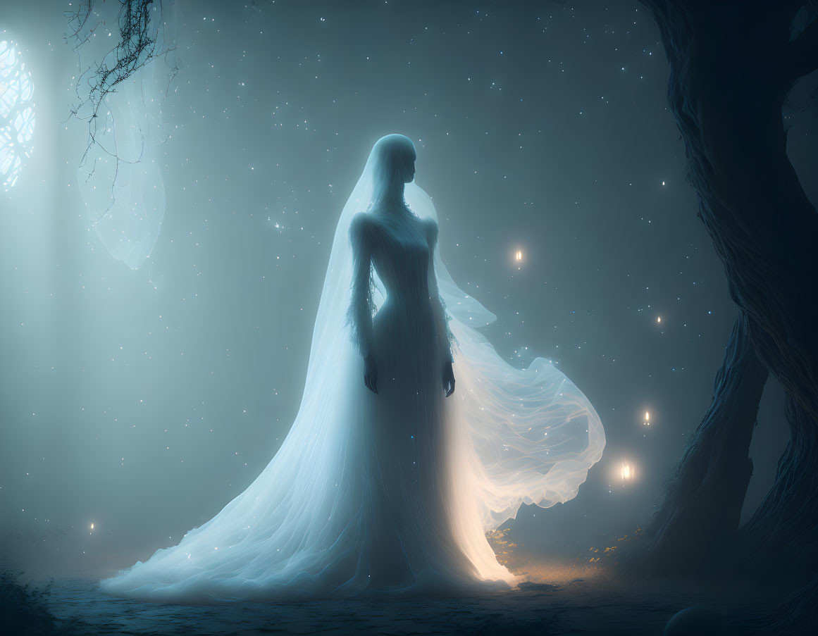 Mystical forest scene with ethereal figure in white garment