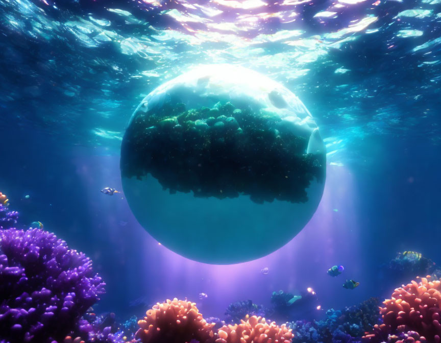 Vibrant coral, fish, and surreal bubble in underwater scene
