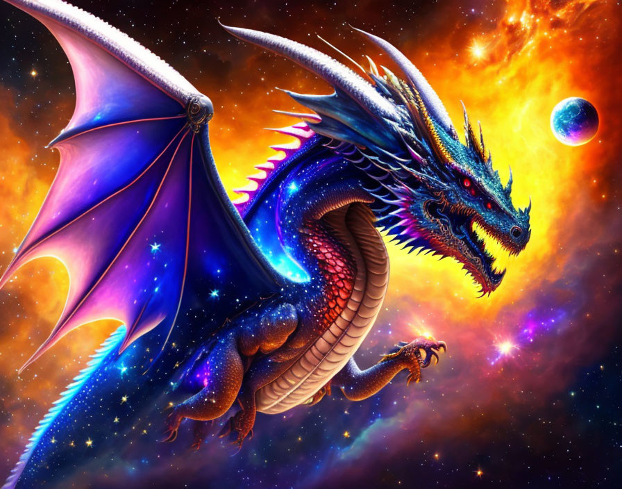 Blue dragon with wings and horns in cosmic setting