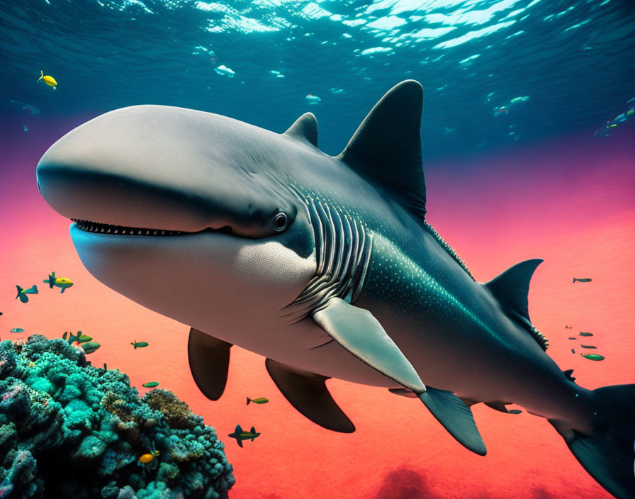 Vibrant underwater scene: large shark, coral reef, small fish in sunlit water