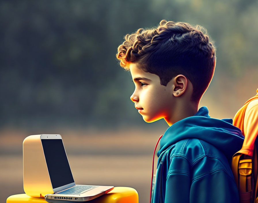 Young boy with curly hair in blue hoodie and yellow backpack with laptop on yellow stool outdoors