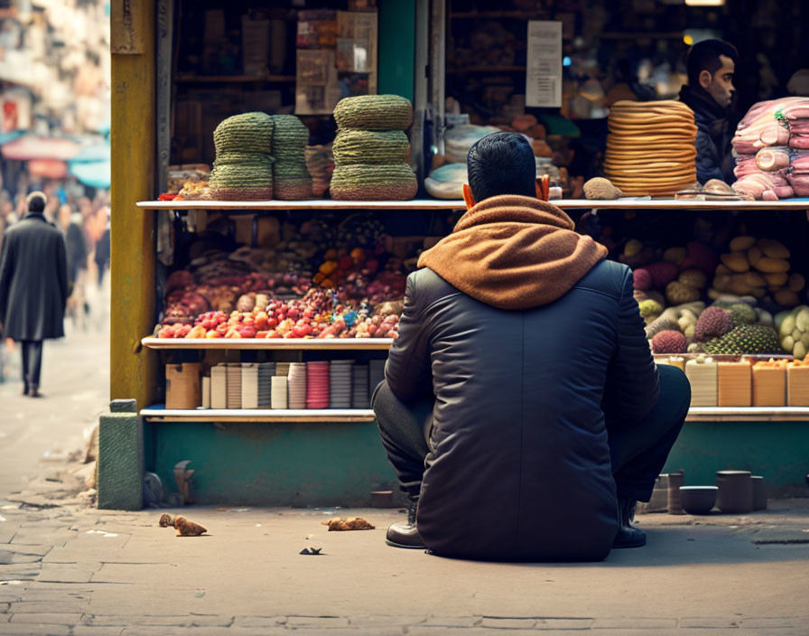 Person in Warm Jacket Observing Fruit Stall in Busy Market Street