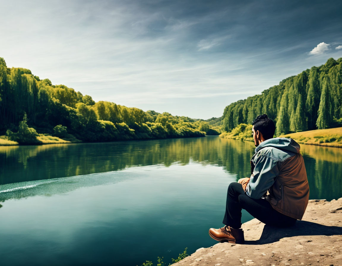 Person sitting on rocky ledge overlooking serene river and lush green trees