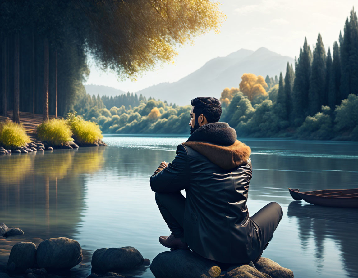 Person in Coat Sitting by Tranquil Lake with Forest and Mountains