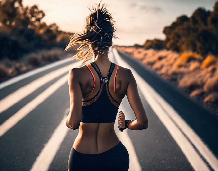 Woman jogging on deserted road at sunset with focus tracker on back