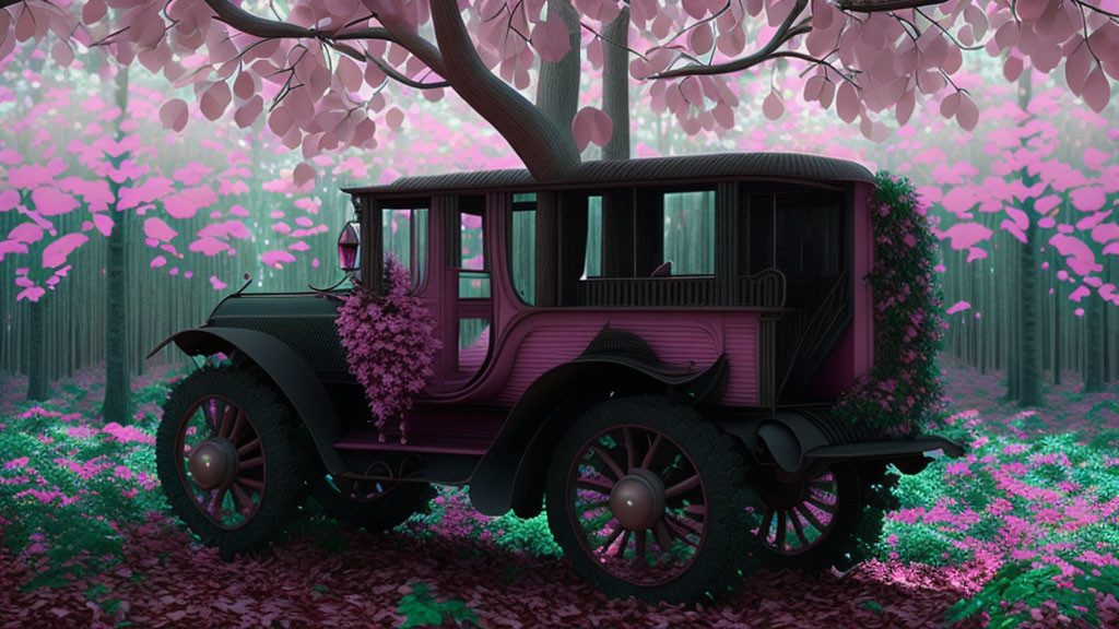 Vintage Car Parked Under Pink Blossoming Trees with Flower-Covered Forest Floor