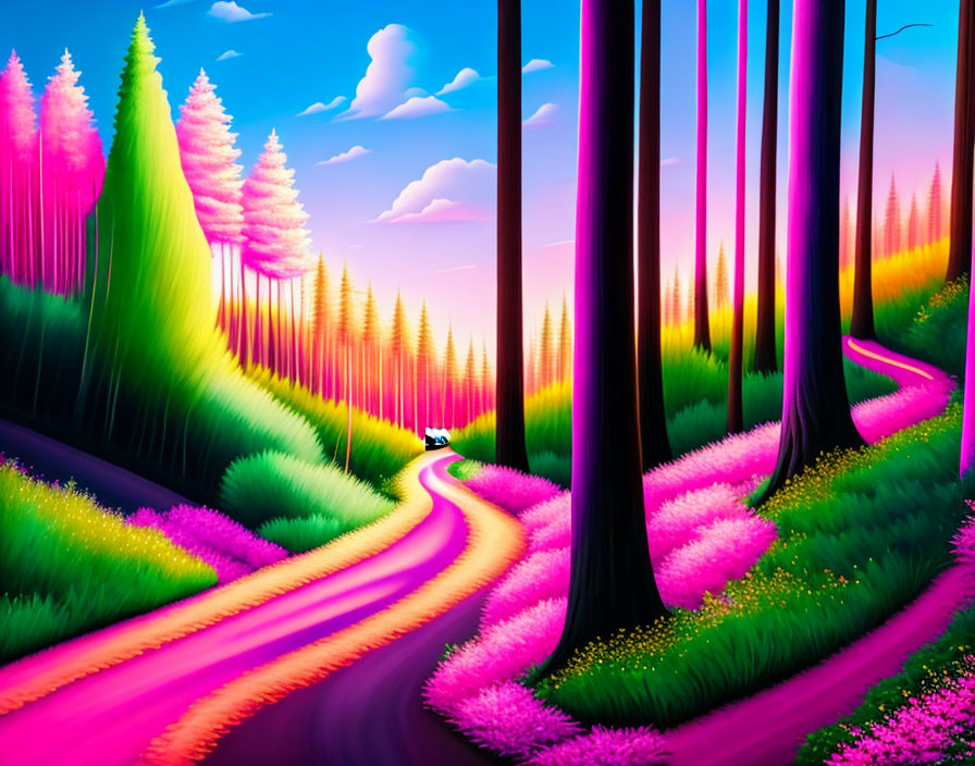 Colorful digital artwork: Whimsical forest with neon trees and pink grass