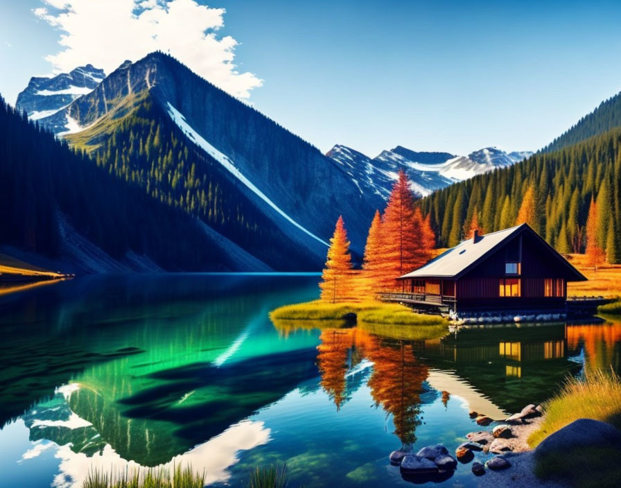 Scenic landscape: red-roofed cabin by serene lake, colorful trees, mirrored mountains