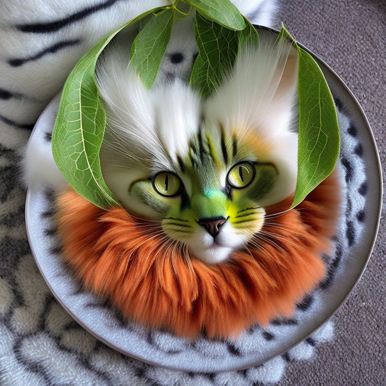 Photo of Cat with Lion and Tiger Features on Leaf Background